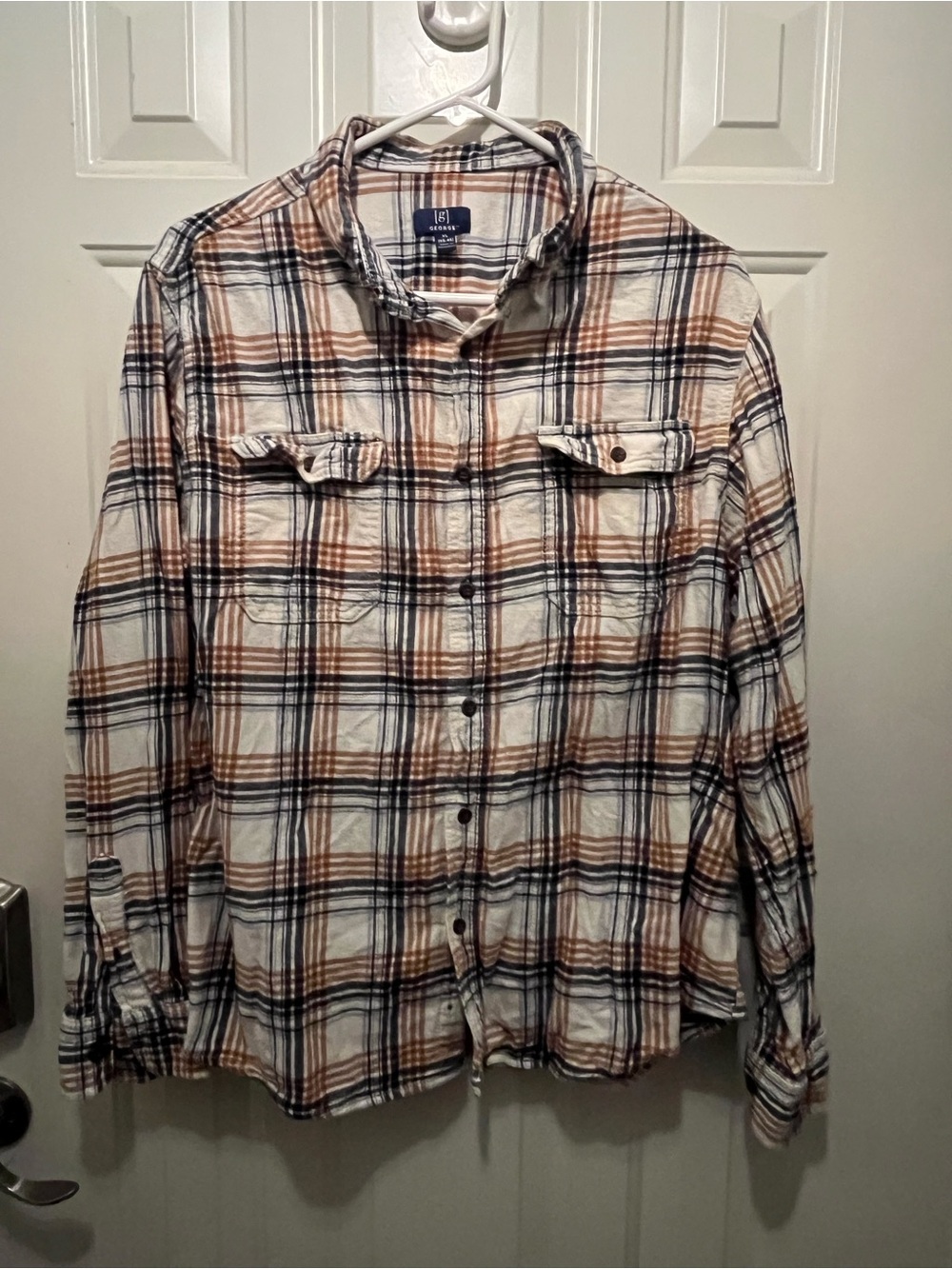 George Plaid Button-Up Shirt in White, Brown & Navy